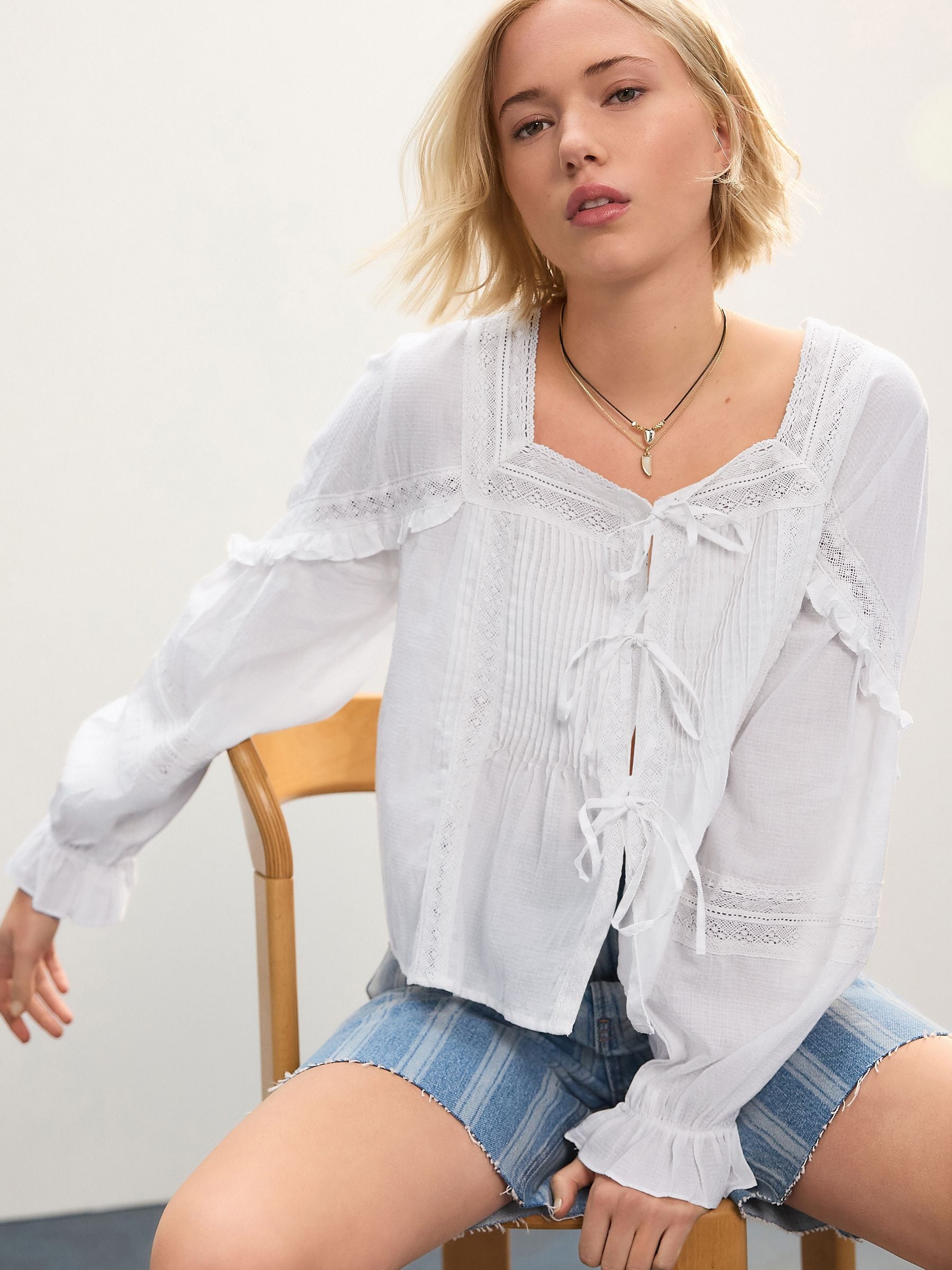 Buy Білий - 100% бавовняна блузка в стилі прерій з лонгслівом і
