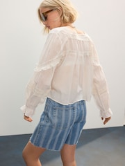 Branco - Blusa de manga comprida estilo pradaria 100% algodão com gravata ajustável - Imagem 3 de 4