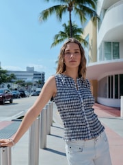 Denim Blue Gingham Check Sleeveless Button Down Smock Top - Image 1 of 7