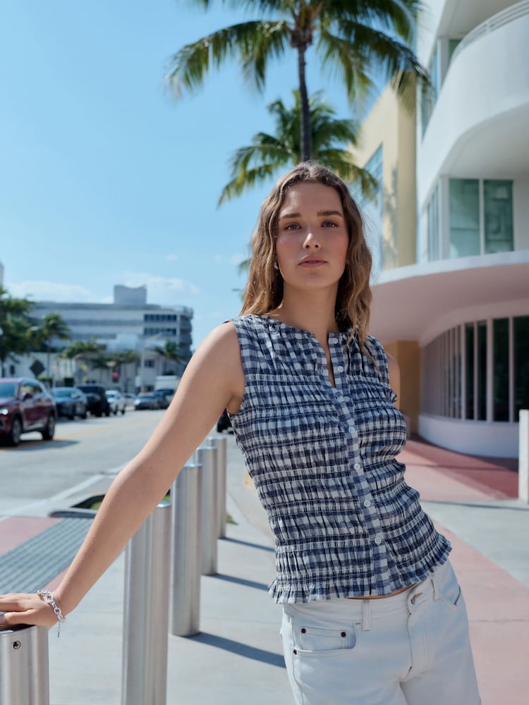 Denim Blue Gingham Check Sleeveless Button Down Smock Top - Image 1 of 7