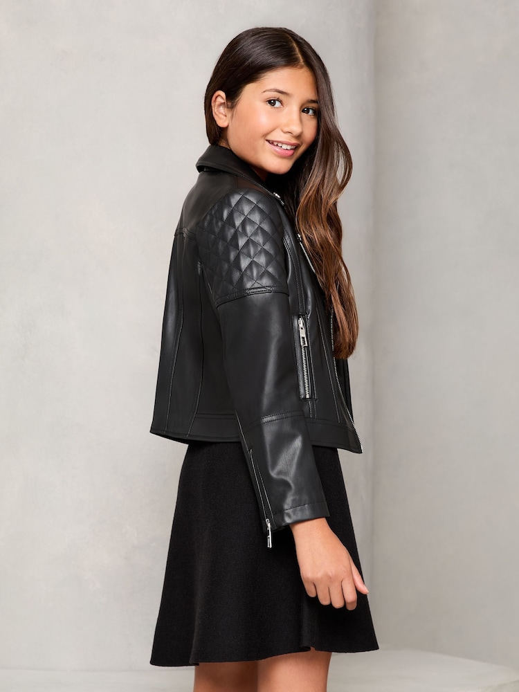 Lipsy Black Quilted Faux Leather Biker Jacket (5-16yrs) - Image 4 of 4