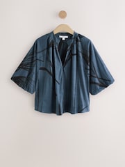 Blue Print 100% Cotton Volume Sleeve V-Neck Blouse - Image 1 of 3