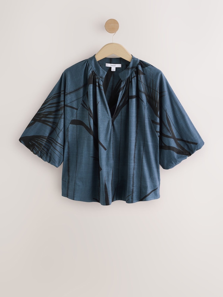 Blue Print 100% Cotton Volume Sleeve V-Neck Blouse - Image 1 of 3