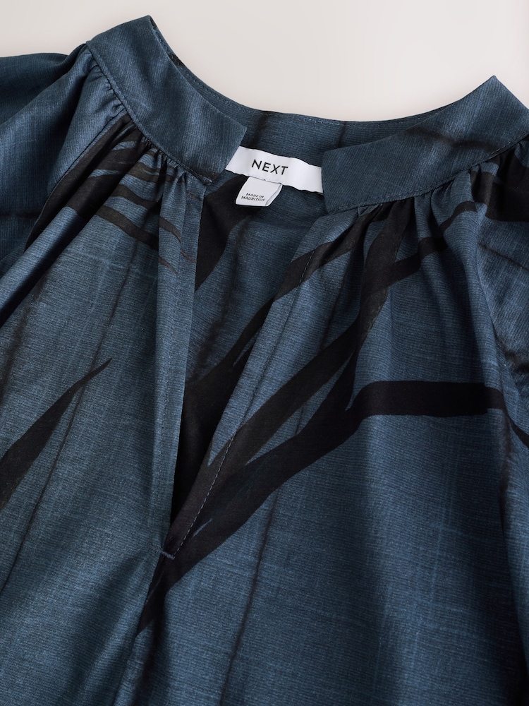 Blue Print 100% Cotton Volume Sleeve V-Neck Blouse - Image 2 of 3