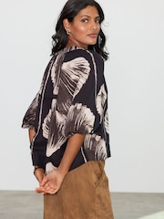 Black Shell Print 100% Cotton Volume Sleeve V-Neck Blouse - Image 4 of 8