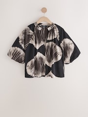 Black Shell Print 100% Cotton Volume Sleeve V-Neck Blouse - Image 6 of 8