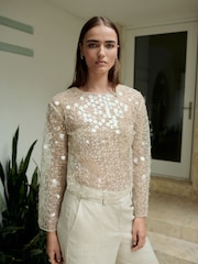 Ecru Sheer Sequin Long Sleeve Top - Image 1 of 5