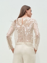 Ecru Sheer Sequin Long Sleeve Top - Image 3 of 5