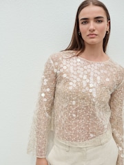 Ecru Sheer Sequin Long Sleeve Top - Image 4 of 5