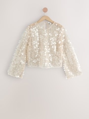 Ecru Sheer Sequin Long Sleeve Top - Image 6 of 8
