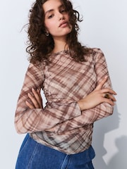 Neutral Check Long Sleeve Ruched Side Mesh Top - Image 1 of 5