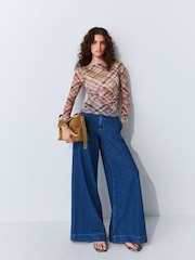 Neutral Check Long Sleeve Ruched Side Mesh Top - Image 2 of 5