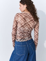 Neutral Check Long Sleeve Ruched Side Mesh Top - Image 3 of 5