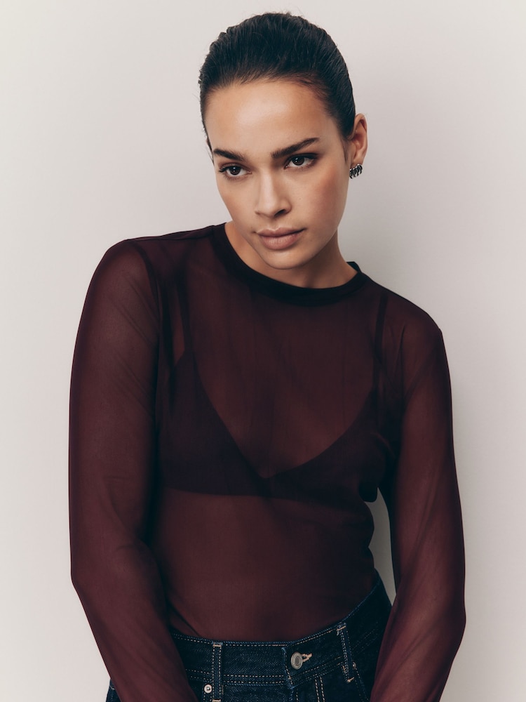 Burgundy Long Sleeve Mesh Top - Image 1 of 6