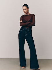 Burgundy Long Sleeve Mesh Top - Image 2 of 6