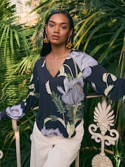 Kew Collection Navy Floral Long Sleeve V-Neck Jersey Blouse - Image 1 of 6