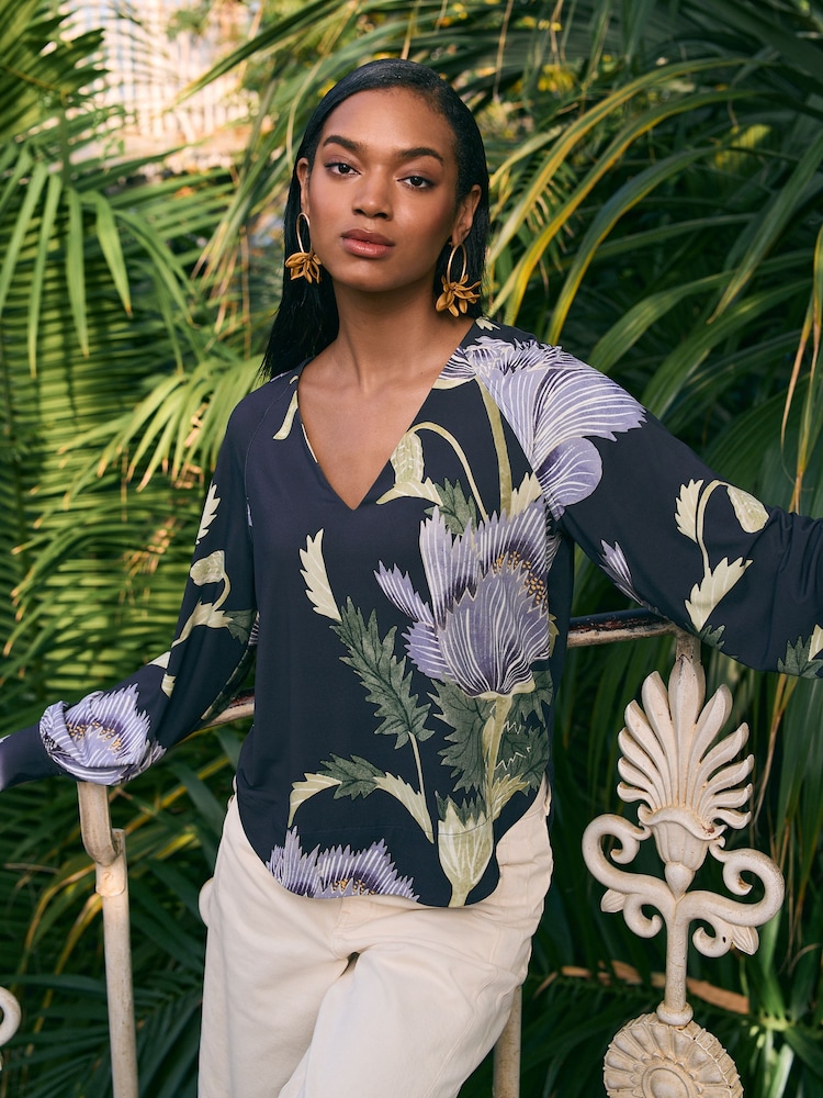 Kew Collection Navy Floral Long Sleeve V-Neck Jersey Blouse - Image 1 of 6