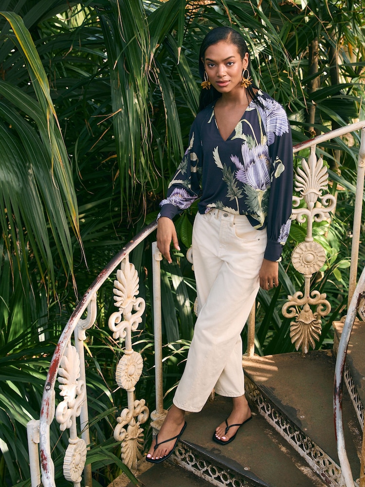 Kew Collection Navy Floral Long Sleeve V-Neck Jersey Blouse - Image 2 of 6