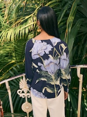Kew Collection Navy Floral Long Sleeve V-Neck Jersey Blouse - Image 3 of 6