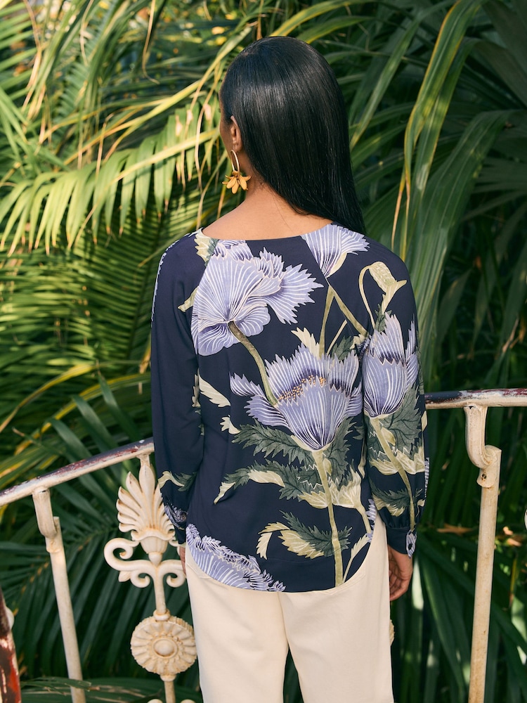 Kew Collection Navy Floral Long Sleeve V-Neck Jersey Blouse - Image 3 of 6