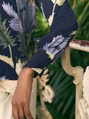 Kew Collection Navy Floral Long Sleeve V-Neck Jersey Blouse - Image 4 of 6