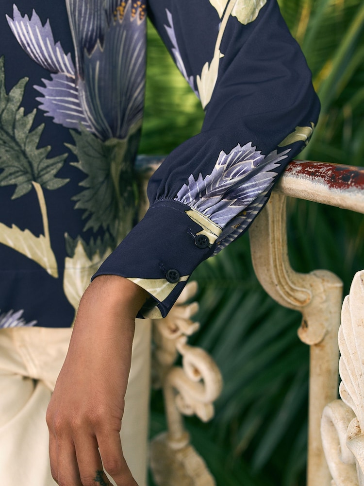 Kew Collection Navy Floral Long Sleeve V-Neck Jersey Blouse - Image 4 of 6