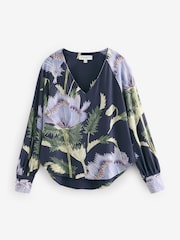 Kew Collection Navy Floral Long Sleeve V-Neck Jersey Blouse - Image 5 of 6