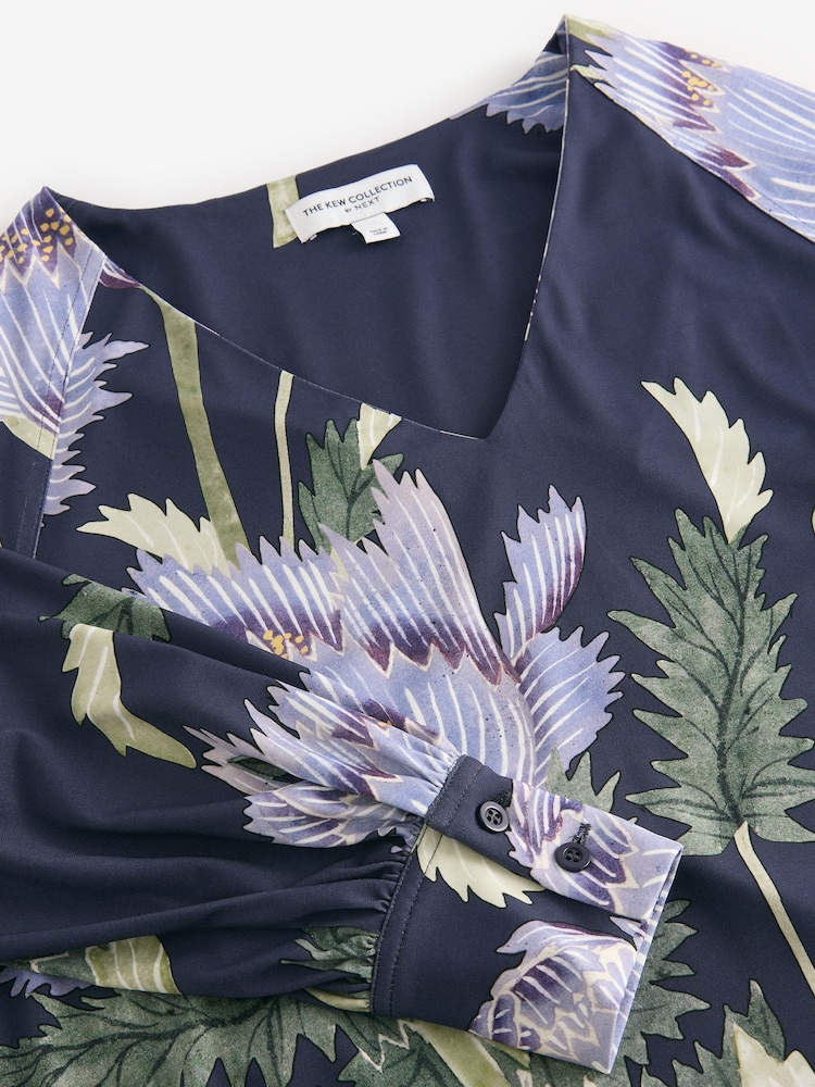 Kew Collection Navy Floral Long Sleeve V-Neck Jersey Blouse - Image 6 of 6