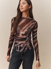 Зебра - Long Sleeve Ruched Side Mesh Top - Image 1 of 5