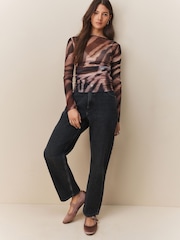 Зебра - Long Sleeve Ruched Side Mesh Top - Image 2 of 5