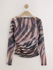 Zebra Long Sleeve Ruched Side Mesh Top - Image 6 of 9
