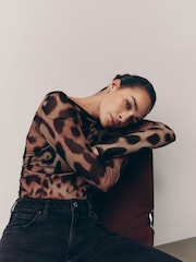 Leopard Print Long Sleeve Ruched Side Mesh Top - Image 1 of 8