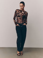 Leopard Print Long Sleeve Ruched Side Mesh Top - Image 2 of 8