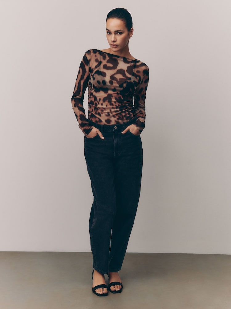 Leopard Print Long Sleeve Ruched Side Mesh Top - Image 2 of 8