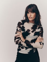 Cow Print Long Sleeve Ruched Side Mesh Top - Image 1 of 6