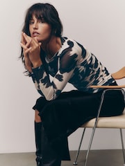 Cow Print Long Sleeve Ruched Side Mesh Top - Image 3 of 6