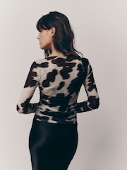 Cow Print Long Sleeve Ruched Side Mesh Top - Image 4 of 6
