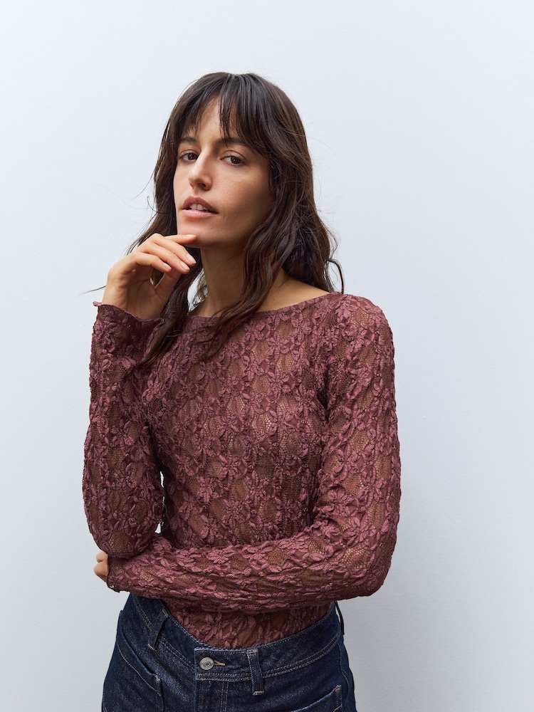 Rose Pink Texture Floral Lace Long Sleeve Top - Image 1 of 5