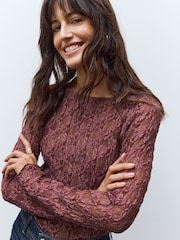 Rose Pink Texture Floral Lace Long Sleeve Top - Image 3 of 5