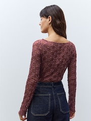Rose Pink Texture Floral Lace Long Sleeve Top - Image 4 of 5