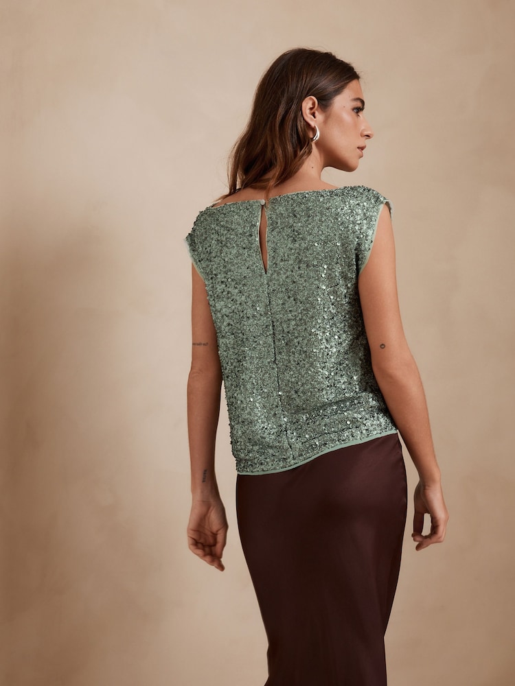 Green Drape Sleeveless Sequin Top - Image 4 of 8