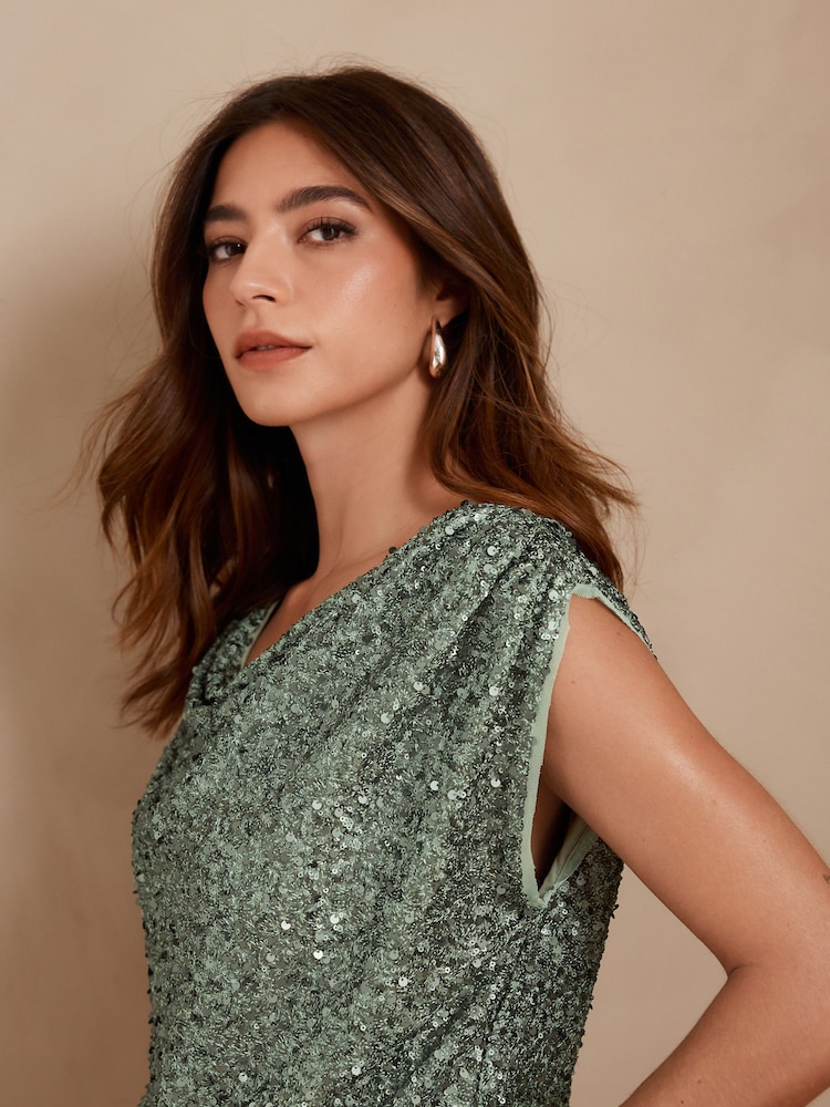 Green Drape Sleeveless Sequin Top - Image 5 of 8