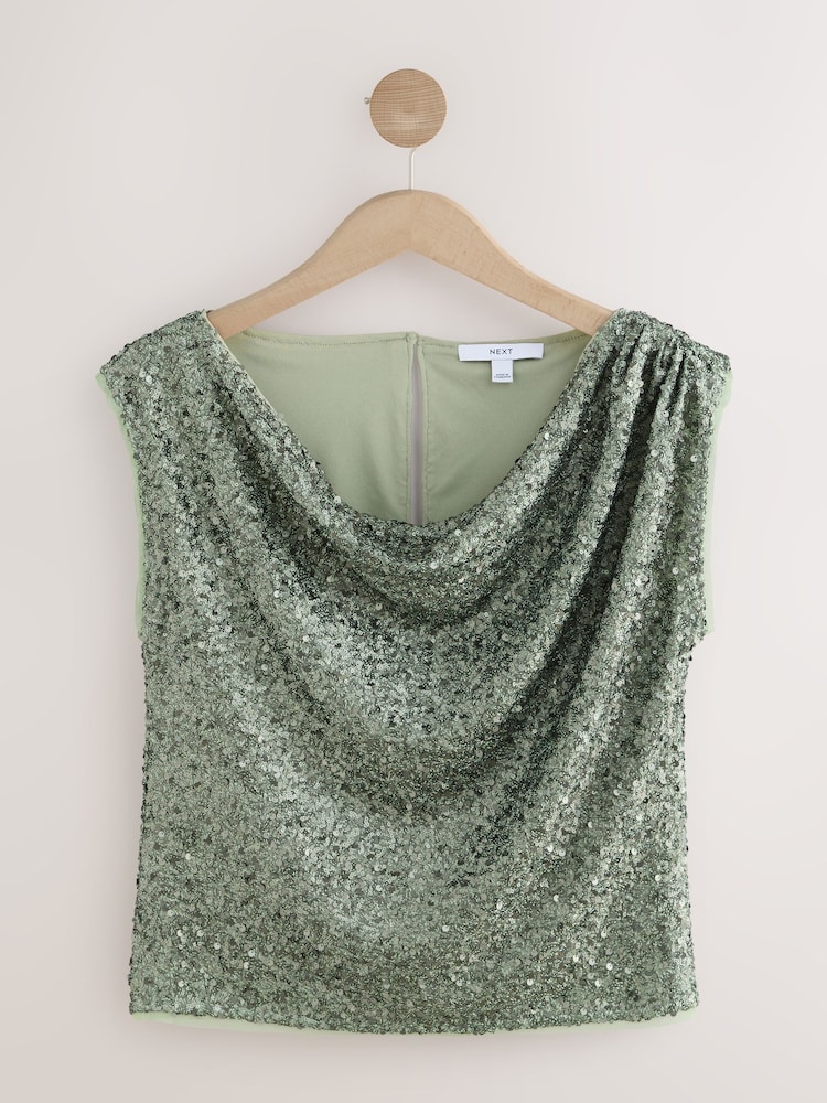 Green Drape Sleeveless Sequin Top - Image 6 of 8