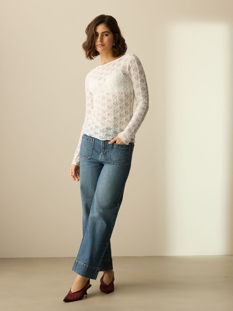 Ecru Texture Floral Lace Long Sleeve Top - Image 2 of 8 Ecru Texture Floral Lace Long Sleeve Top - Image 2 of 8