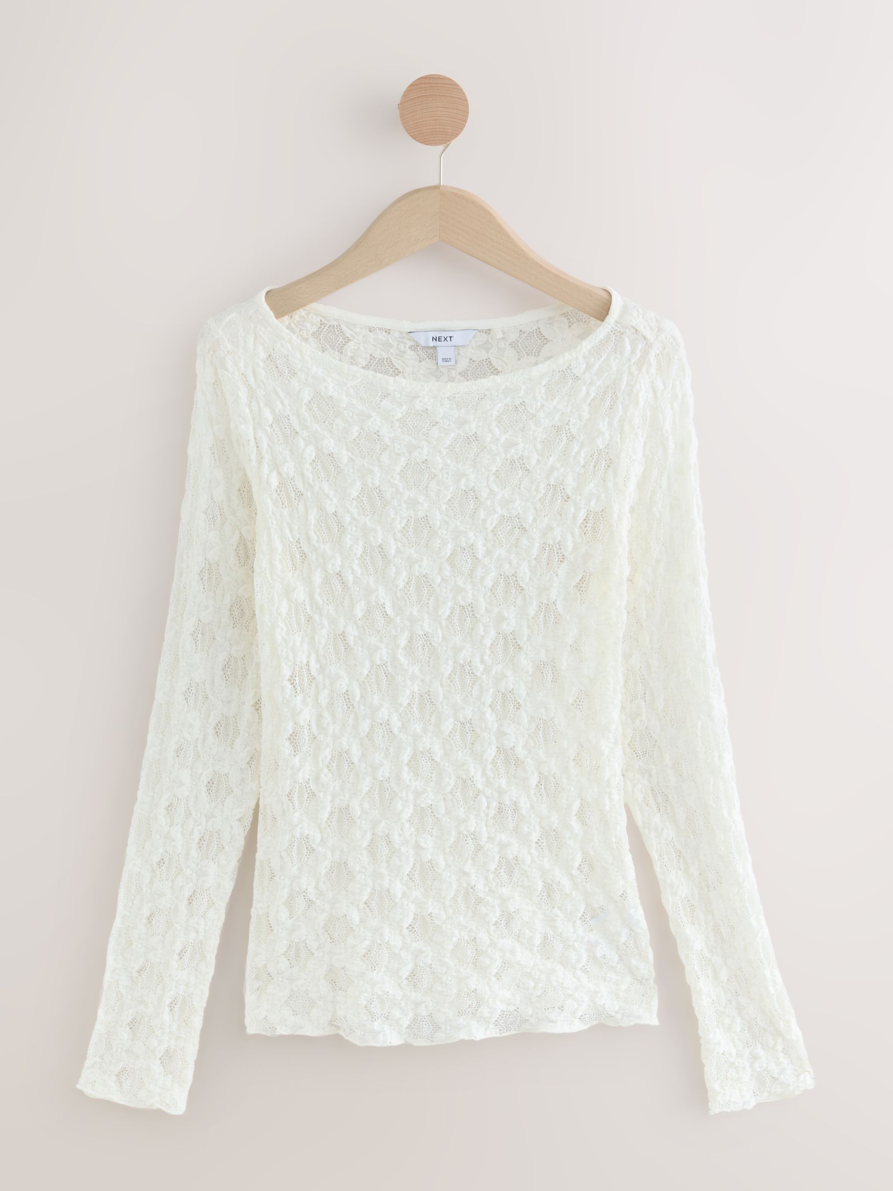 Buy Ecru Texture Floral Lace Long Sleeve Top from Next Romania
