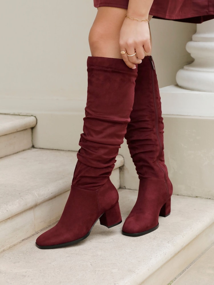Linzi Red Margot Faux Suede Square Toe Block Heel Knee High Boots - Image 1 of 6