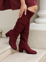 Linzi Red Margot Faux Suede Square Toe Block Heel Knee High Boots - Image 2 of 6