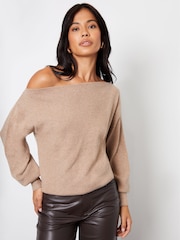 Threadbare Natural Slash Neck Knitted Jumper - Image 1 of 4