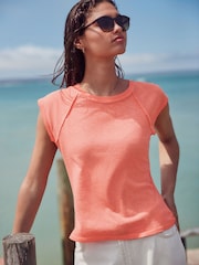 Coral Pink Washed Open Seam Detailing Raglan Short Sleeve Crew Neck T-Shirt - Image 1 of 7
