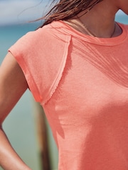 Coral Pink Washed Open Seam Detailing Raglan Short Sleeve Crew Neck T-Shirt - Image 4 of 7